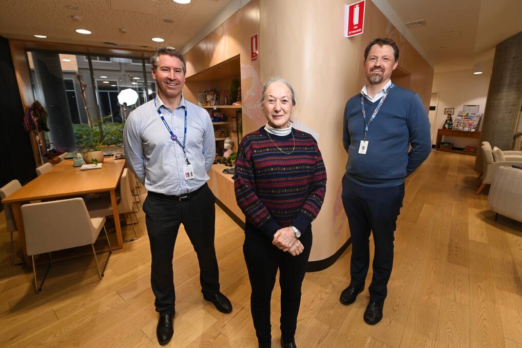 Dominic Sandilands (Chief of Corporate Affairs - Albury Wodonga Health), Albury Wodonga Regional Cancer Centre trust fund board member Kerry Strauch, and Wellness Centre coordinator Ben Engel. Picture by Mark Jesser