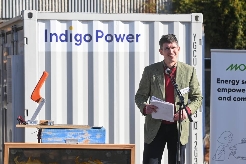 Indigo Power managing director Ben McGowan unveils the first Yackandandah battery installed in 2021. Picture by Mark Jesser