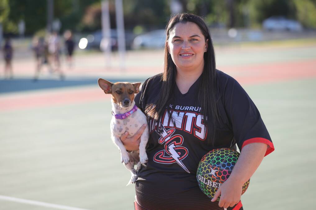 Brock-Burrum co-coach Bec Livermore and her dog Ziggy ahead of her major netball milestone with the Saints. Picture by James Wiltshire