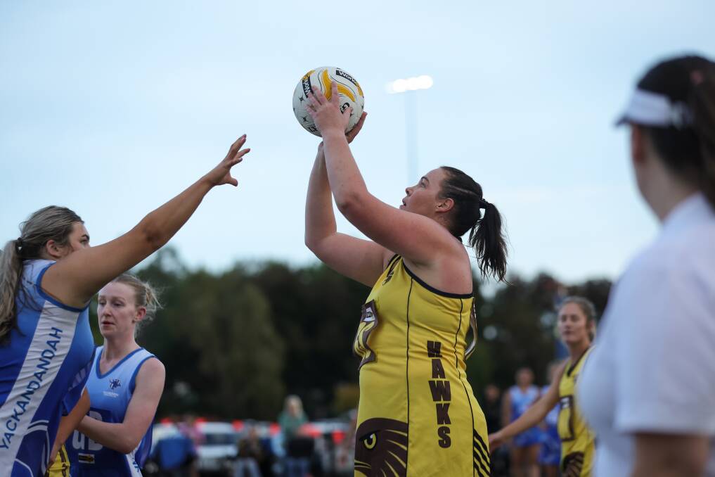 Star goal shooter Haylee Penny made her return for Kiewa-Sandy Creek in the round one evening clash against Yackandandah on Saturday. Picture by James Wiltshire