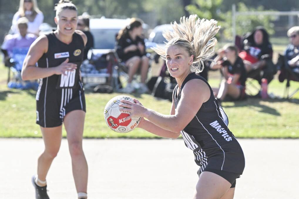 Wangaratta's Issy Newton played an integral role in the Magpies' midcourt in the side's victory against Myrtleford at Norm Minns Oval on Saturday. Picture by Mark Jesser.