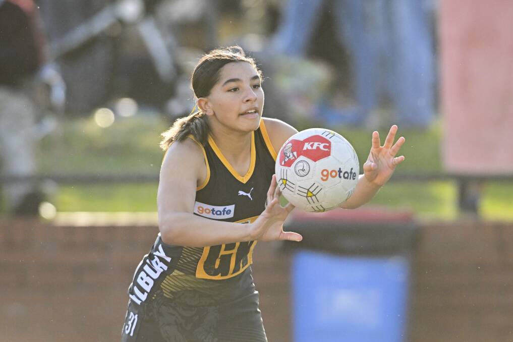 Albury Tigers' defender Kijana McCowan in action against North Albury on Anzac Day. Picture by Mark Jesser
