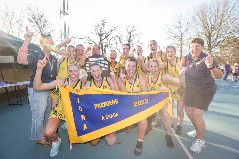 Kiewa-Sandy Creek celebrates after being crowned the 2023 Tallangatta and District Netball Association A-grade premiers. Pictures by James Wiltshire