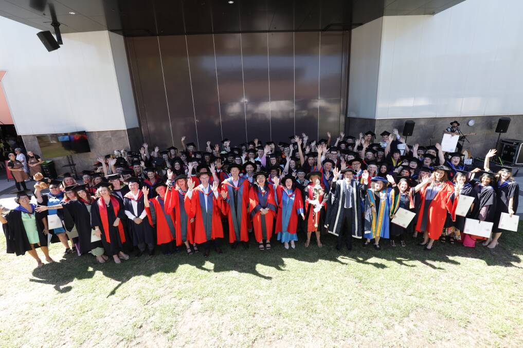 Ninety-three Albury-Wodonga La Trobe University graduates and one PhD graduate celebrate their achievements at The Cube, Wodonga. Picture supplied