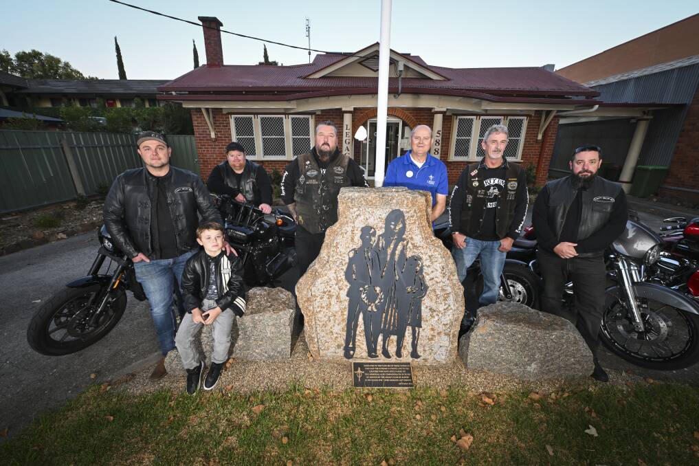 Mick McQuillan, Tate McQuillan, 8, Ethan Dale, Cookie Jason Cook, President of Albury Legacy Tony Nelson, 'Salty' Darren Ellis and Nathan Adams are getting ready for the annual Anzac run.