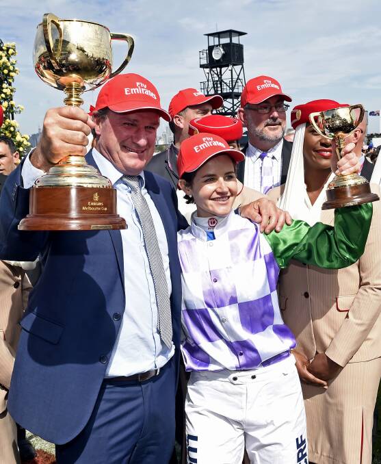 Darren Weir and Michelle Payne after winning the 2015 Melbourne Cup with Prince of Penzance.