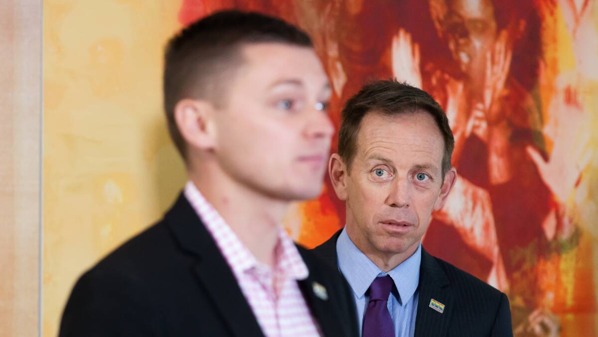 ACT Greens Leader Shane Rattenbury, right, with Mr Davis at the Legislative Assembly in October 2020. Picture by Sitthixay Ditthavong