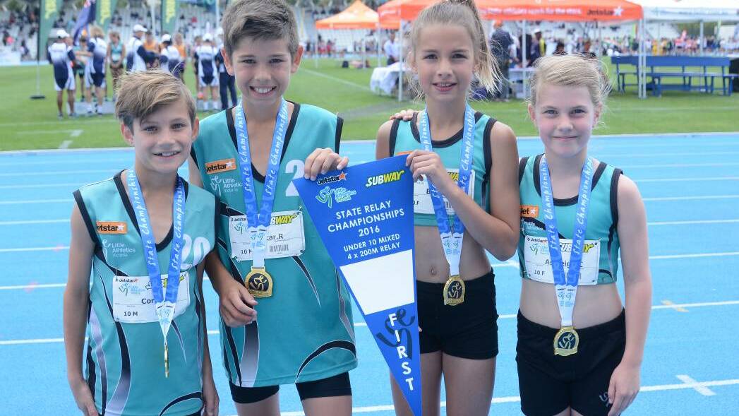 STATE TITLES: Corey Marjanovic, Oscar Roberts, Bella Pasquali and Ashleigh Carty collected two relay gold medals for Wangaratta Little Athletics Club this month.