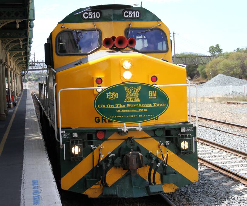 TINGED GREEN: Greentrains C510, formerly of Victorian Railways, passes through Albury ahead of the C's On The Northeast Tour. Picture: DAVIS HARRIGAN