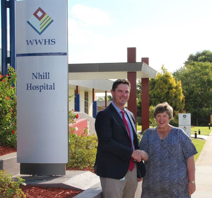 CORONAVIRUS OUTBREAK: West Wimmera Health Service chief executive Ritchie Dodds with board president Leonie Clarke outside the Nhill Hospital. 