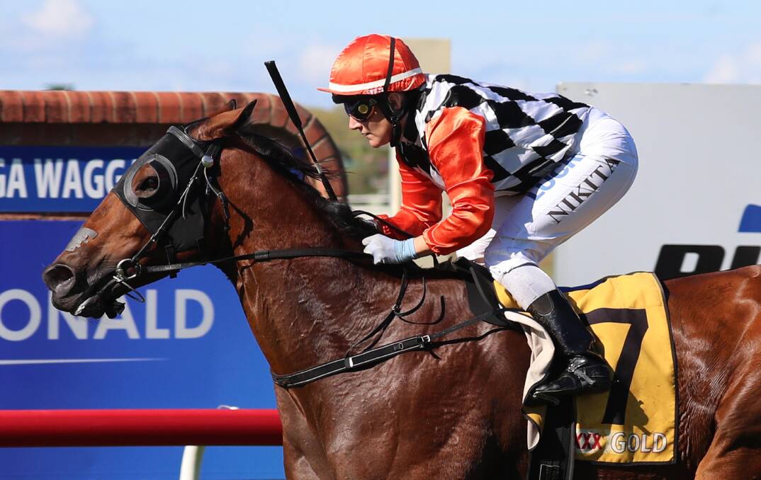 JOB DONE: Nevada Dane, with Nikita Beriman on board, take victory on Wagga Gold Cup day, giving Rob Wellington a race-to-race double. Picture: Les Smith