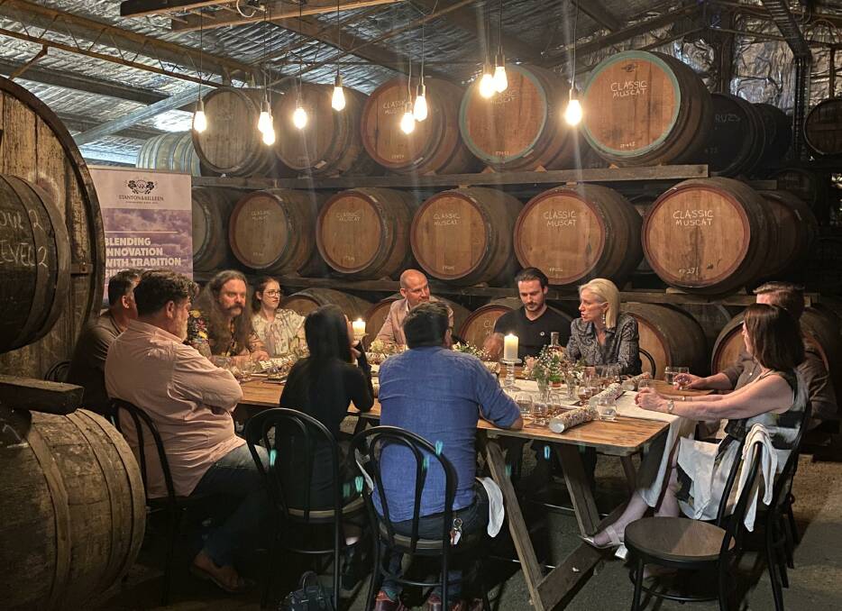 Westward Whiskey master blender Miles Munroe with The Whisky Club and Stanton and Killeen stakeholders at the Rutherglen winery on Friday.