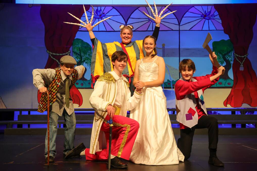 GANG'S BACK: Albury Gang Show's Cayt Roach (Jester), Alysha Brough (Grandpa), Baxter Ward (Prince Charming), Krista Brandon (Cinderella) and Jimmy Sides (Jack). Picture: JAMES WILTSHIRE