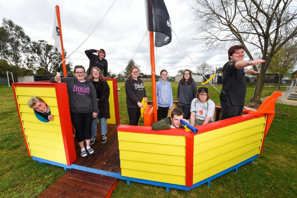 SMOOTH SAILING: Indie School Victorian Certificate of Applied Learning (VCAL) students have built a pirate ship, which was recently installed in the Wodonga West Primary School playground. Picture: MARK JESSER