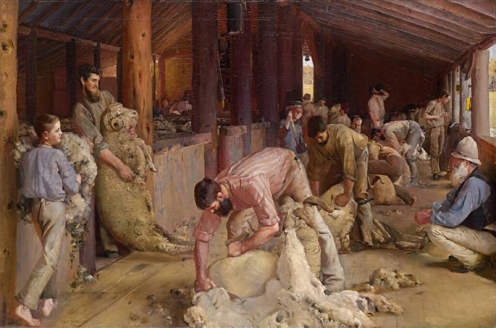 Tom Roberts' Shearing the Rams (1890) oil on canvas on composition board, 122.4 x 183.3cm, National Gallery of Victoria, Melbourne, Felton Bequest, 1932 (4654-3).