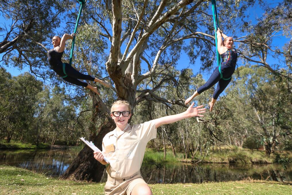 HIGH FLIERS: Flying Fruit Fly Circus performers Tash Meani, 11, (front) and Rachael Carey and Kezia Sutton, both 17, present Endangered Species. Picture: JAMES WILTSHIRE