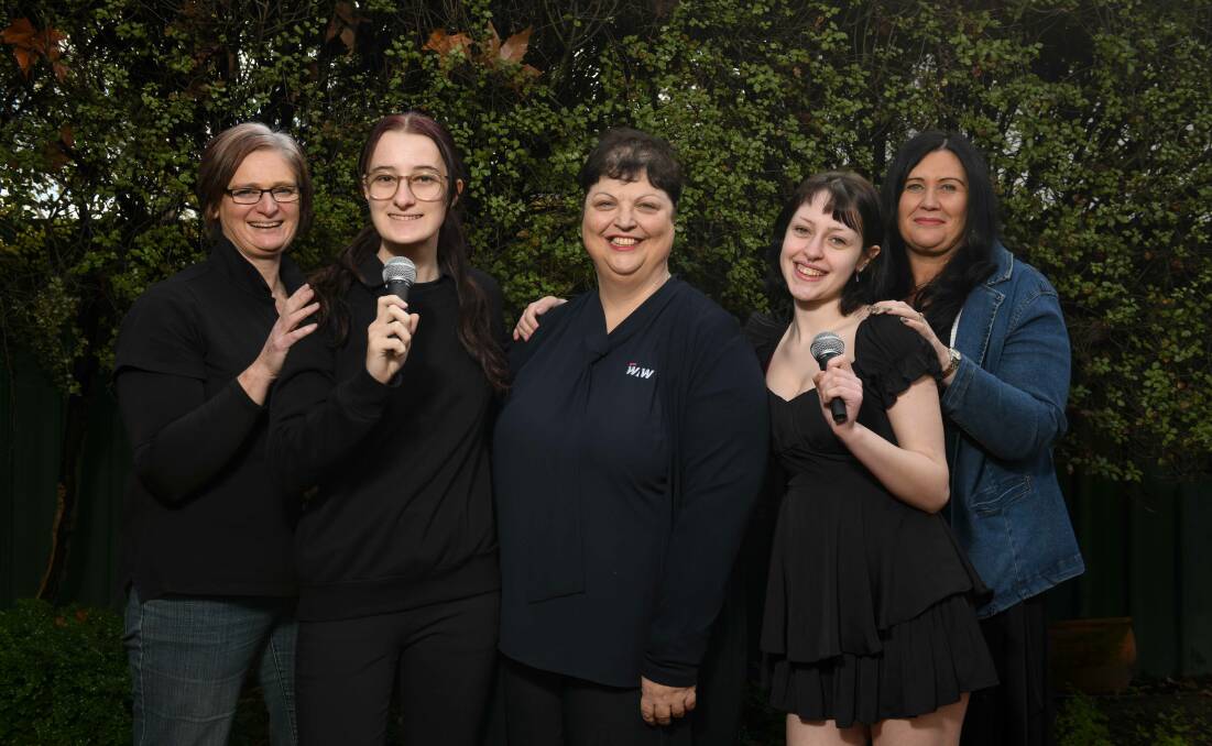Mentor Allie Walsh and contestant Grace Cremer, sponsor WAW marketing project manager Teresa Vaccaro and contestant Hayley Collings with her mum and mentor Belinda Mead at the On Key 4 Kids launch. Picture by Tara Trewhella