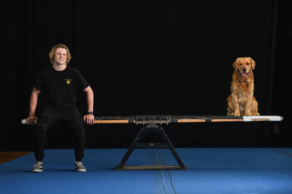 THE REAL McKOY: Cirque du Soleil acrobat Harry McKoy was back on his old training ground recently at the Flying Fruit Fly Circus in South Albury with his beloved Golden Retriever, Roy McKoy. Picture: MARK JESSER