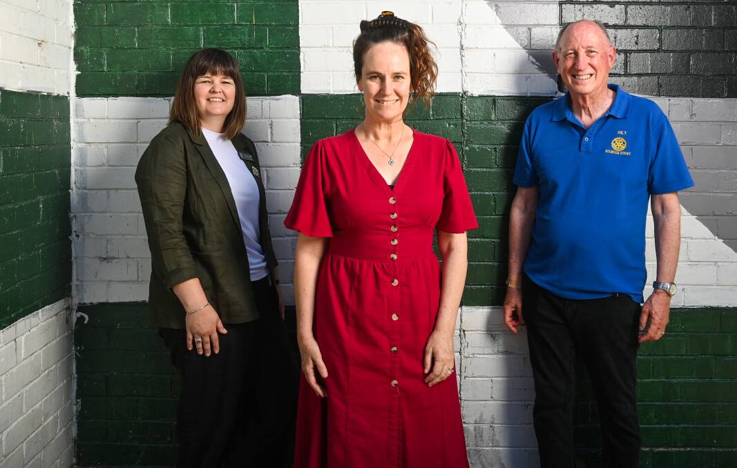 Albury Council learning and outreach officer Sara Korman, Murray River Fine Music artistic director Helena Kernaghan and Holbrook Rotary Club treasurer Milt Golenberg have shared in NSW government funding. Picture by Mark Jesser