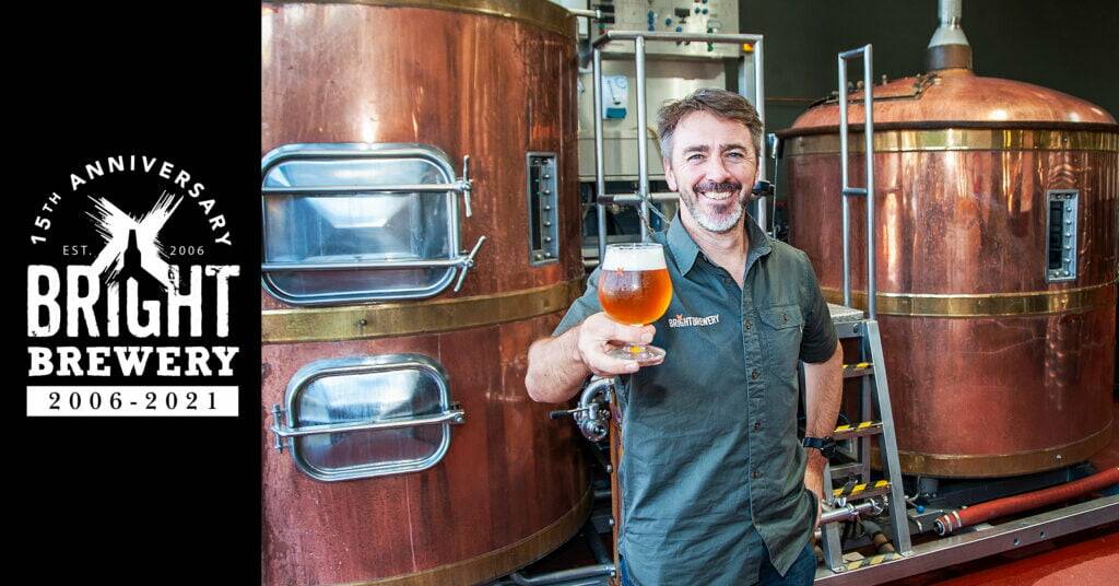 HERE'S CHEERS: Bright Brewery co-founder and owner Scott Brandon celebrates the 15th anniversary of the business, which started in a tin shed on the Great Alpine Road during 2006. Hellfire Amber Ale was brewed on site.