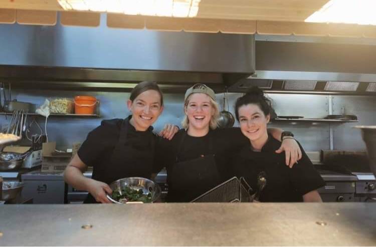 Tayah Jack (centre) with Bright Brewery chefs Samantha McMahon and Laura Anderson. Picture: SAM PURDIE