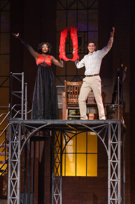 Abu Kebe as Lola and Mali McKie as Charlie Price bring Albury-Wodonga Theatre Company's Kinky Boots to Albury Entertainment Centre. Picture: MARK JESSER