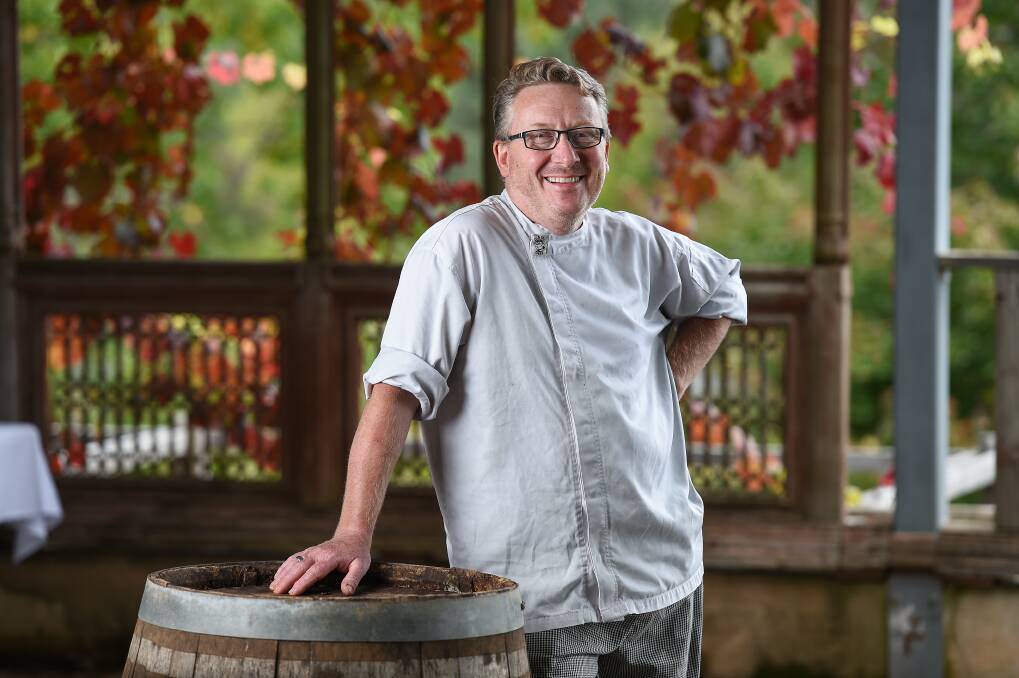 TREE CHANGE: Feathertop Winery's head chef Simon Buckley, who is surrounded by stunning autumnal colour in Porepunkah's Stone & Barrel @ Feathertop restaurant, loves cooking with the seasons. Picture: MARK JESSER