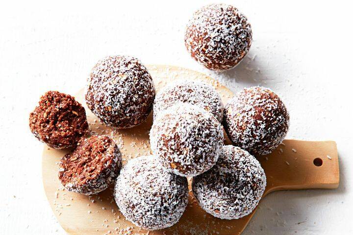 Choc-Coconut Bliss Balls are a nut-free, healthy lunch box treat at any age.