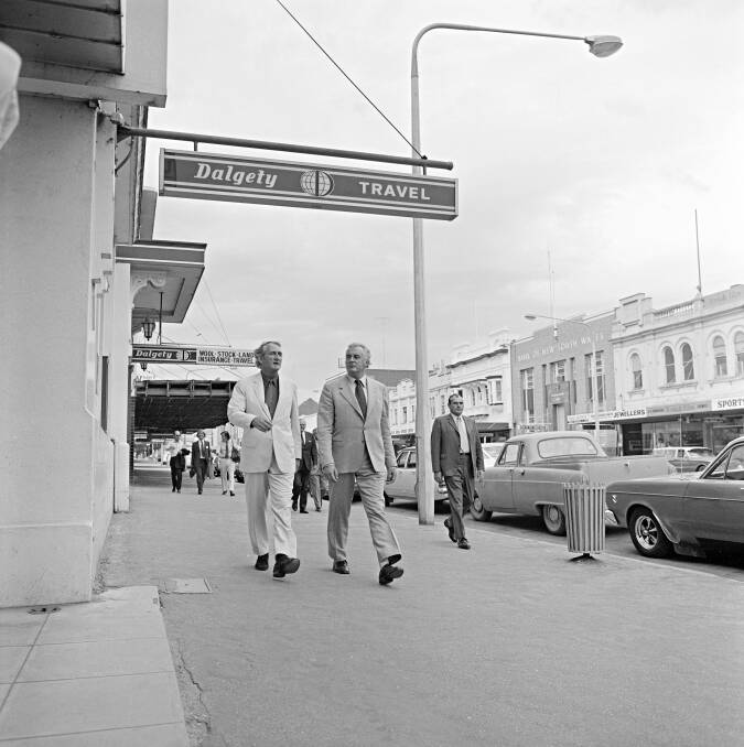 HISTORY IN THE MAKING: Minister for Urban and Regional Development Tom Uren and Prime Minister Gough Whitlam in Dean Street, Albury, on January 1, 1973, for the announcement of the National Growth Centre.