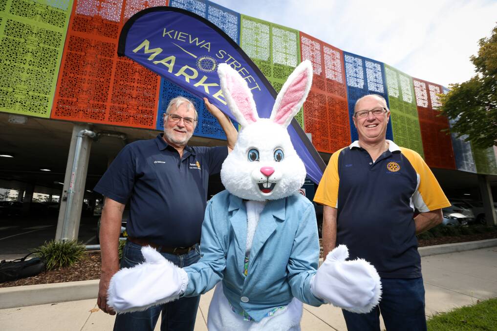 ON THE HOP: Kiewa Street Markets volunteers Graeme Sayer and Geoff Slocomb will welcome a special guest in the Easter Bunny to Sunday's market opposite St Patrick's Parish School. Picture: JAMES WILTSHIRE