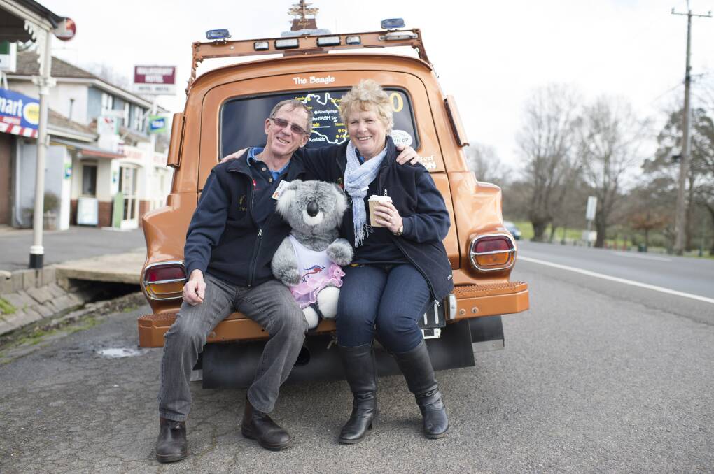 ROAD TRIP: Bill and Heather Redpath on deck for the 30th Variety Victoria Bash; Bill has never missed one yet. Others celebrating their 30th event this year are Rob "Towball" McCorkell and Peter Scott. Picture: ANDREW LLOYD