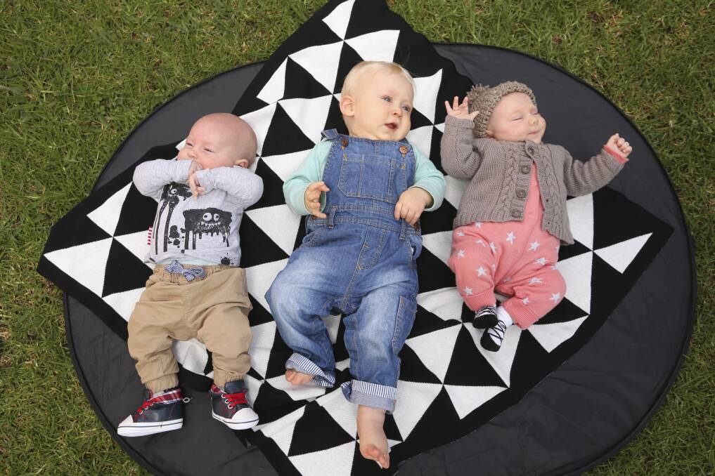 BABY, BABY, BABY: Sonny Lancaster, four months, Myles Lynch, eight months, and Margot Giblin, seven weeks. Picture: ELENOR TEDENBORG