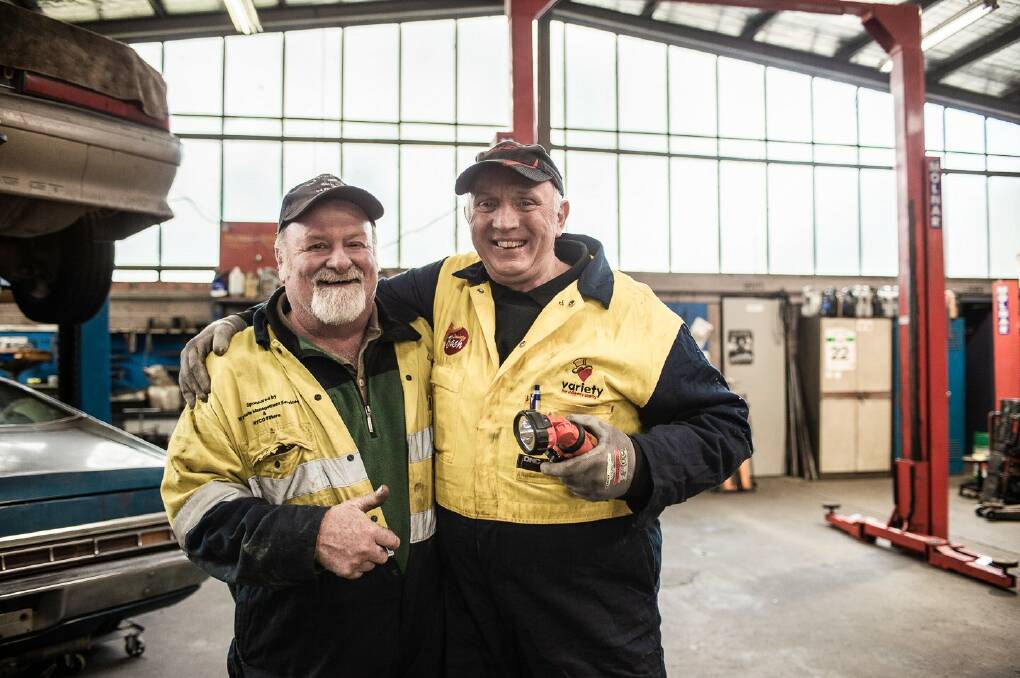 Rob "Towball" McCorkell and Peter Scott celebrate their 30th Variety Victoria Bash. They have shared their mechanical skills over the years to rebuild cars in the middle of Australia. Picture: ANDREW LLOYD