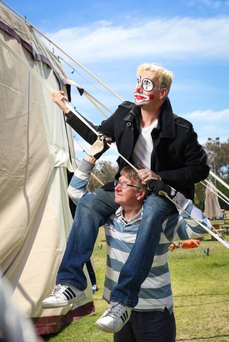 Former Fruities George Prince and his son George Jnr in Albury yesterday to celebrate the Flying Fruit Fly Circus' 40th birthday. Picture: JAMES WILTSHIRE