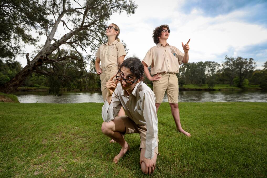 Flying Fruit Fly Circus members Holly-Rose Boyer, 17, Yoav Shemesh, 16, and Tal Shemesh, 14, during rehearsals for Endangered Species in spring. Picture: JAMES WILTSHIRE