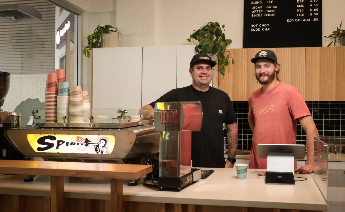 DREAM MACHINE: Bright coffee roasters and retailers Sixpence Coffee co-founder Luke Dudley will open Sixpence Coffee Albury on Monday in City Walk Arcade with three co-owners including Tim Dickens. Picture: JAMES WILTSHIRE