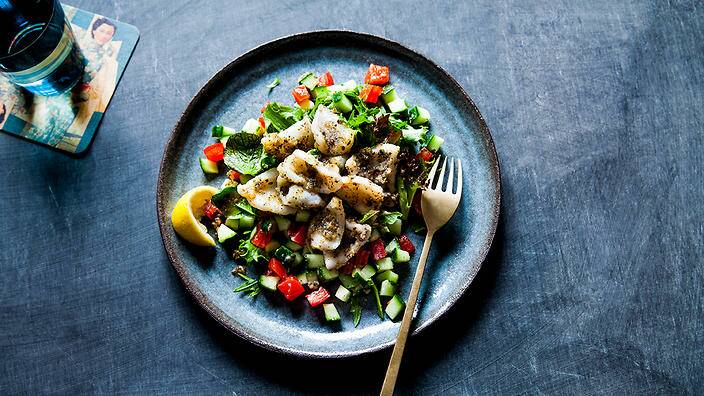 Saltbush and Mountain Pepper Crusted Squid recipe feeds 30 people.
