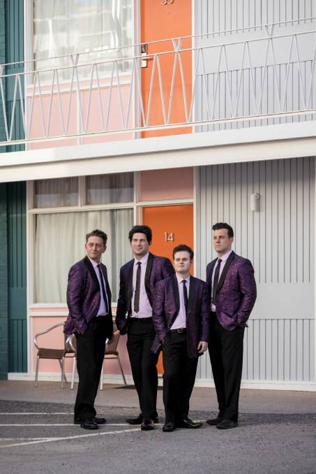 BAND TOGETHER: Corey Cooper, Mitch Clarke, Micah Stratton and Jacob McCrohan star as The Four Seasons in Jersey Boys, a musical by Livid Productions. Picture: JASON ROBINS PHOTOGRAPHY