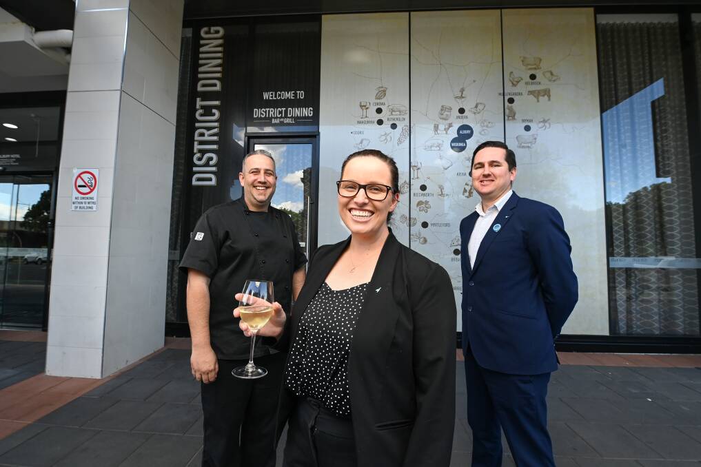 DINING IN: Head chef James Burge, restaurant manager Michelle Forrest and Mantra Albury general manager Ian Muller will relaunch District Dining Bar and Grill. Picture: MARK JESSER