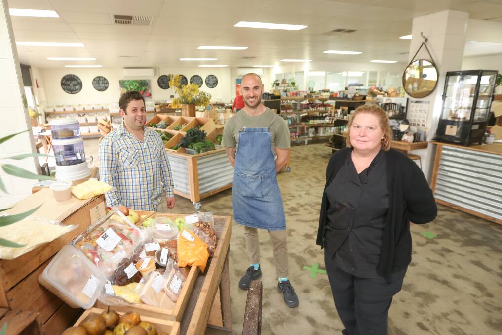 FARE EXCHANGE: La Maison Restaurant and Bar co-owner Wassim Saliba, Almar Organics co-owner Clint Hall and La Maison chef Stacey Gordon offer restaurant-made meals in South Albury now. Picture: JAMES WILTSHIRE
