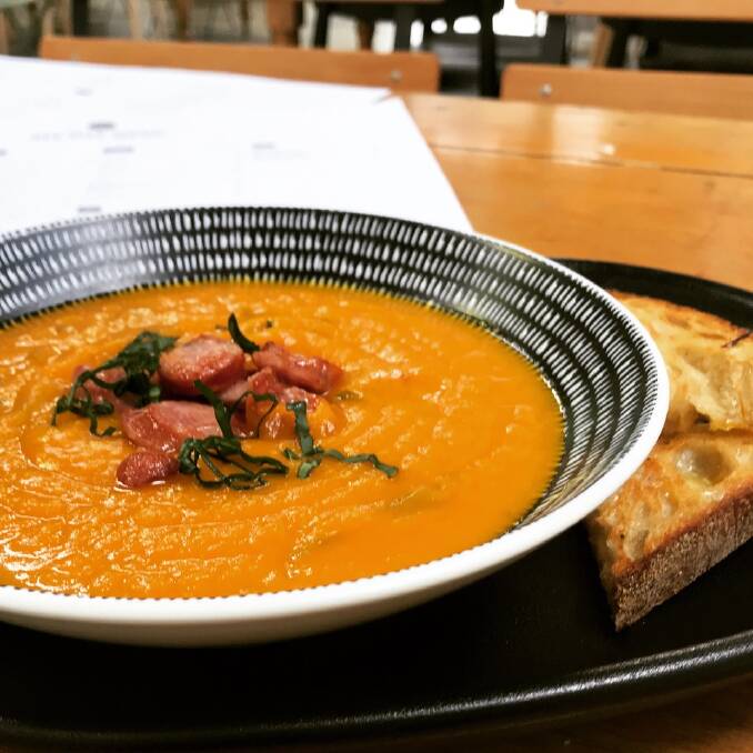SUPER BOWL: The Ten Mile's pumpkin and basil soup with spiced sausage.