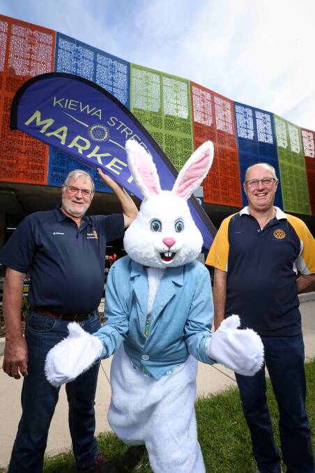 Pictured with Graeme Sayer and Geoff Slocomb, Easter Bunny will be the special guest at Kiewa Street Market in Albury on Easter Sunday. Picture: JAMES WILTSHIRE