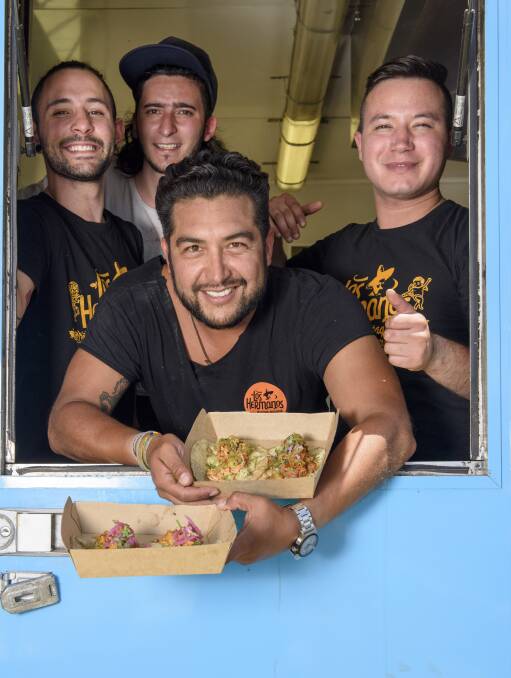 TACO TRUCK: Los Hermanos Mexican Taqueria operators Bruno Carreto (front), Felipe Arias, Andres Lopez and Juan Duran at the Yarrawonga carnival. Picture: SIMON BAYLISS