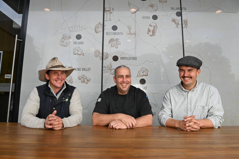 SAVOUR FLAVOUR: Daniel Hibberson (Jindalee Ag), Mantra Albury Hotel District Dining head chef James Burge and Wolki Farm co-owner Jacob Wolki will team up for Flavour - From the Ground Up. Picture: MARK JESSER