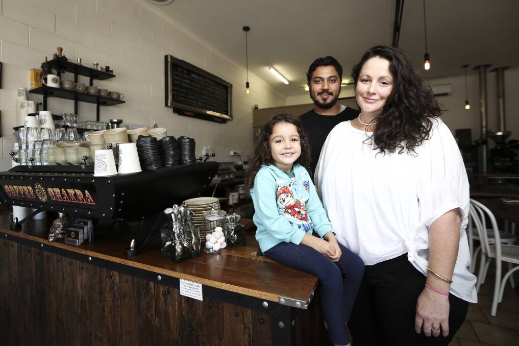 FULL STEAM AHEAD: Coffee Chakra owners Vivek and Leonie Sharma, with daughter Tanishka, will open a coffee roastery in town within months. Picture: JAMES WILTSHIRE