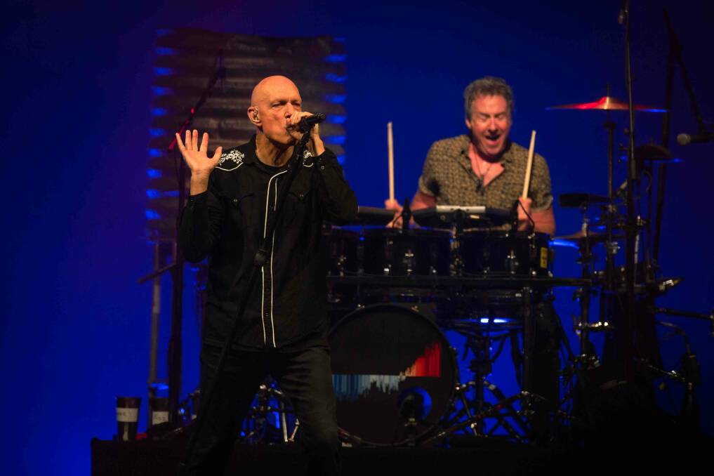 SKY HIGH: Midnight Oil frontman Peter Garrett and drummer Rob Hirst live at Wahgunyah. Picture: SHOTZ BY JACKSON
