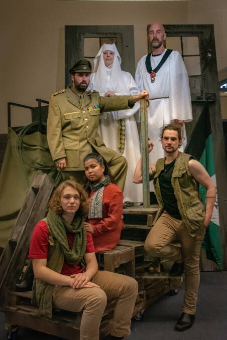Back row: Alex Gibbs as Pilate; Kittin Veltkamp as Annas and Colm Cox as Caiaphas; front row: Ethan Goodacre as Jesus; Mica Torre as Mary; and Dan McPherson as Judas.
