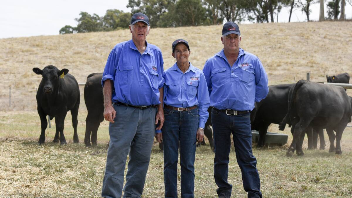 Jarobee Angus Stud's Alan and Jan Robinson, and farm manager Greg White. Jarobee have recently added a Texas Angus Bull to their line up of stud sires. Their annual spring bull sale will be held September 14.