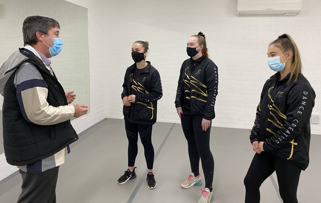 TOUGH TIMES: Northern Victoria MP Tim Quilty met MT Dance Creative owners Meegan Strauss and Taylor Falkner at their studio, joined by dance student Amelia Cole, 16, to discuss the impact of coronavirus restrictions on their work.