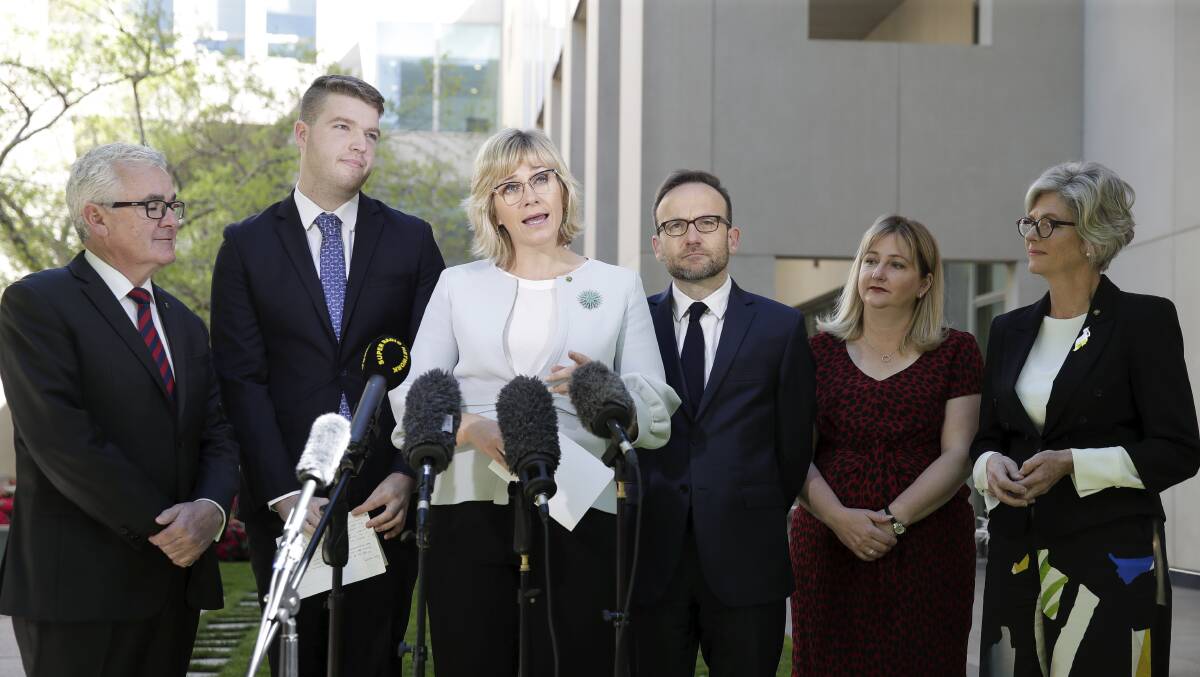 SPEAKING UP: Petitioner Noah Bell (second from left) with MPs Andrew Wilkie, Zali Steggall, Adam Bandt, Rebekha Sharkie and Helen Haines. Picture: ALEX ELLINGHAUSEN